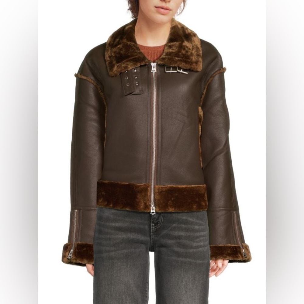 Hudson Jeans brown Leather Jacket with Fur Accents